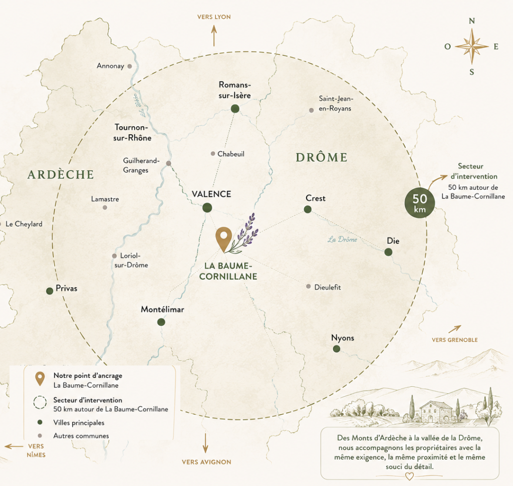 Carte du secteur d'intervention de la conciergerie Airbnb en Drôme Atypik Drôme